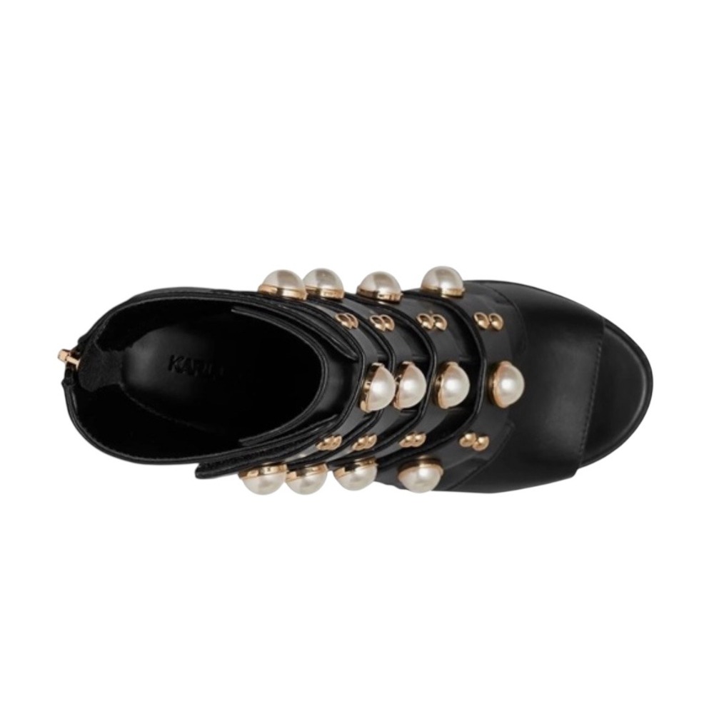 Karl Lagerfeld Brittie Pearl Studded Black Peep Toe Heeled Boot Size 6.5M - Picture 3 of 6
